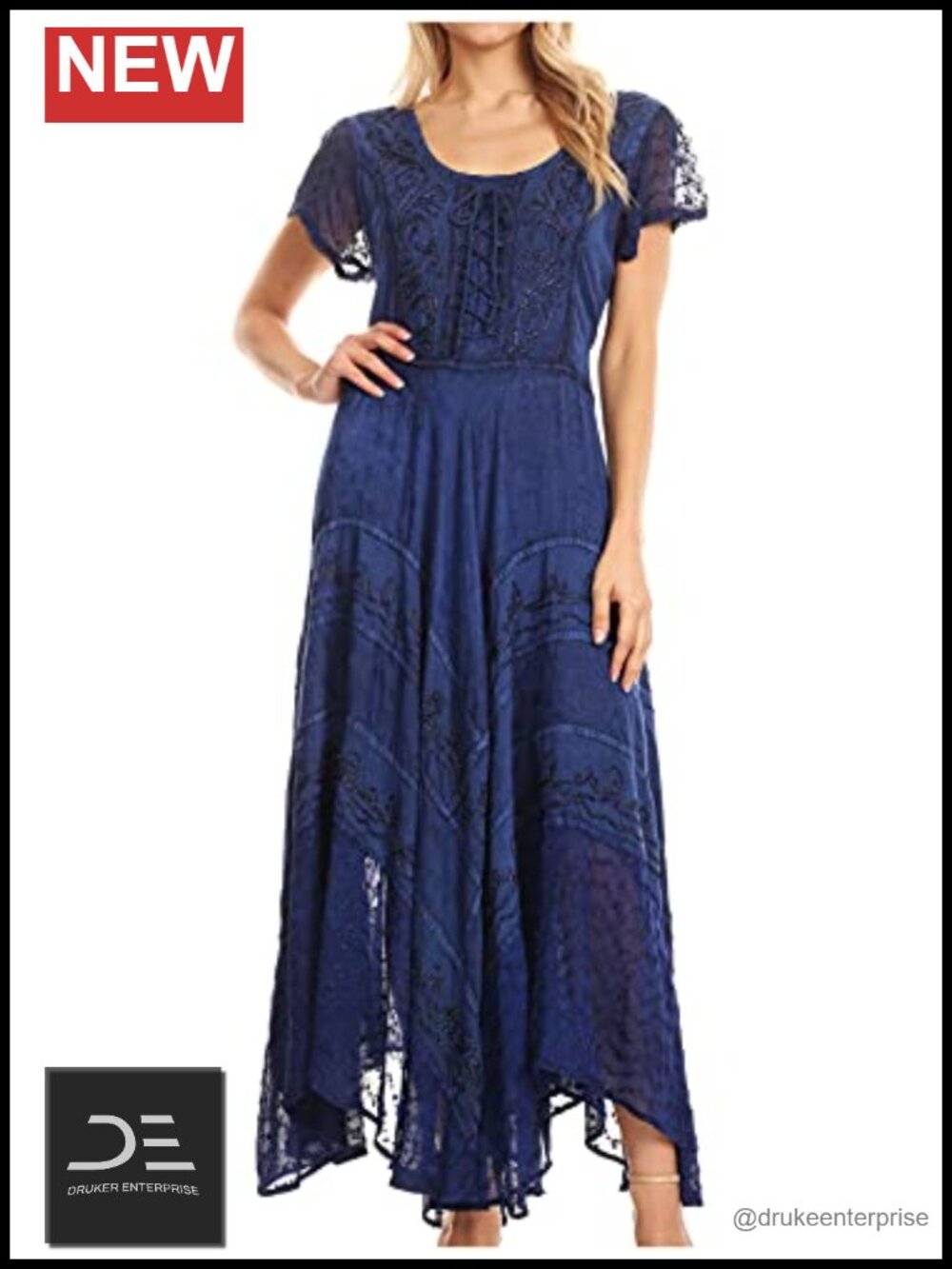 Embroidered Stonewashed Rayon Fairy Maxi Dress Boho Festival